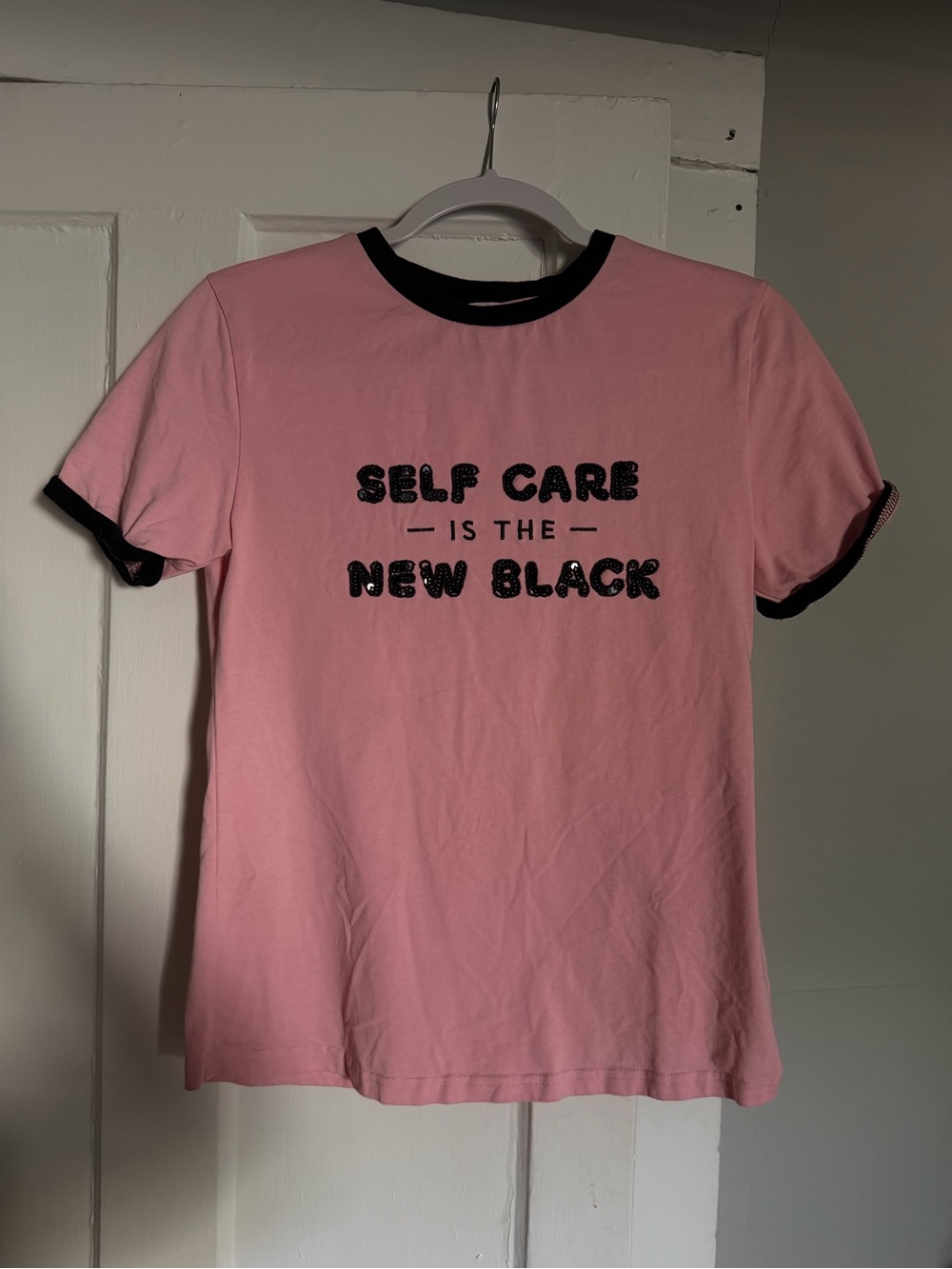Pink Ringer Tee with Black Trim - "Self Care is the New Black"